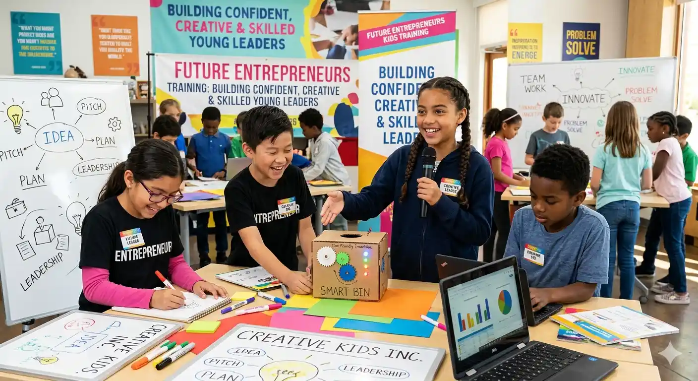 Future entrepreneurs kids training builds creativity, leadership, and real-world skills through STEM, AI, and hands-on bootcamp programs at Kidspreneur.
