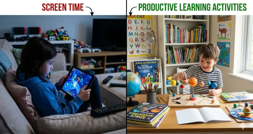 Gemini_Generated_Image_bxi2s8bxi2s8bxi2 Discover the impact of screen time vs productive learning activities and how balanced learning helps children build creativity, focus, and future-ready skills.