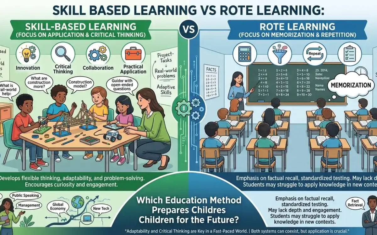 Discover the difference between skill based learning vs rote learning and why modern education focuses on creativity, problem-solving, and future-ready skills.