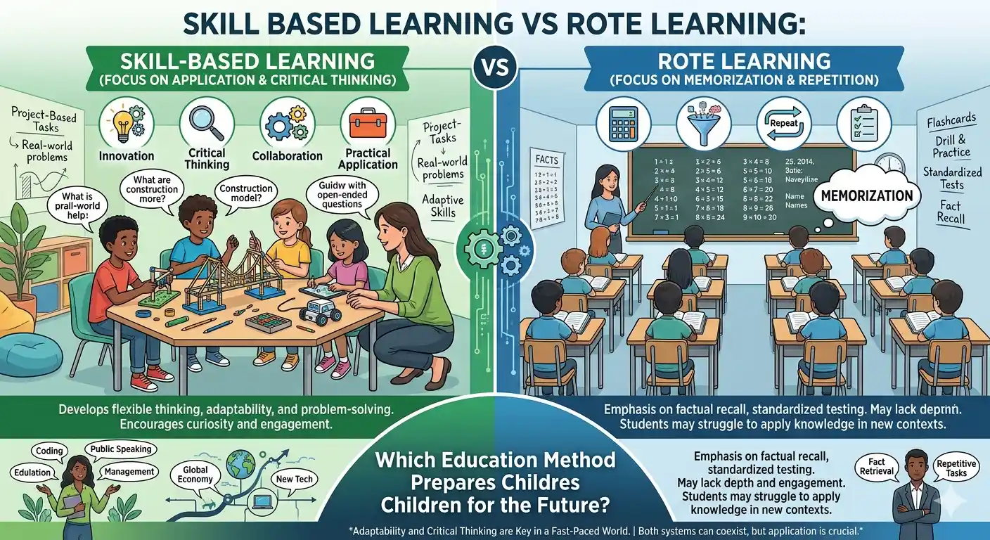 Discover the difference between skill based learning vs rote learning and why modern education focuses on creativity, problem-solving, and future-ready skills.