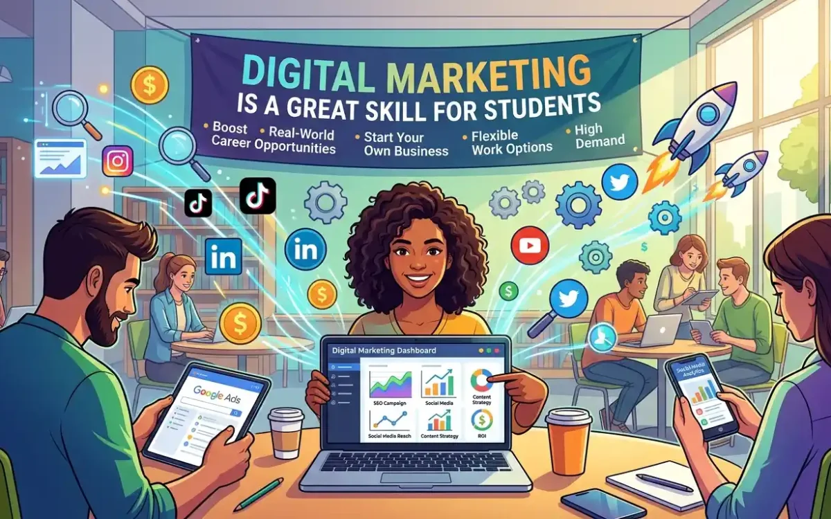 Discover why digital marketing skills for students are essential for future careers, freelancing, creativity, and entrepreneurship success.