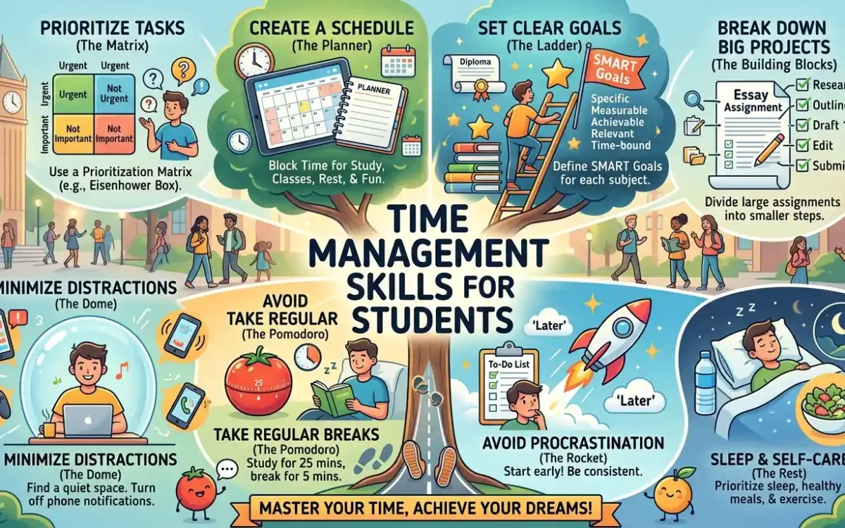 Learn essential time management skills for students to improve focus, boost productivity, reduce stress, and achieve academic success with better planning habits.