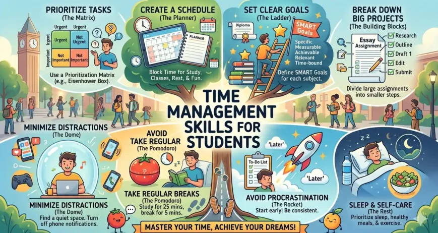 Time Management Skills for Students Learn essential time management skills for students to improve focus, boost productivity, reduce stress, and achieve academic success with better planning habits.