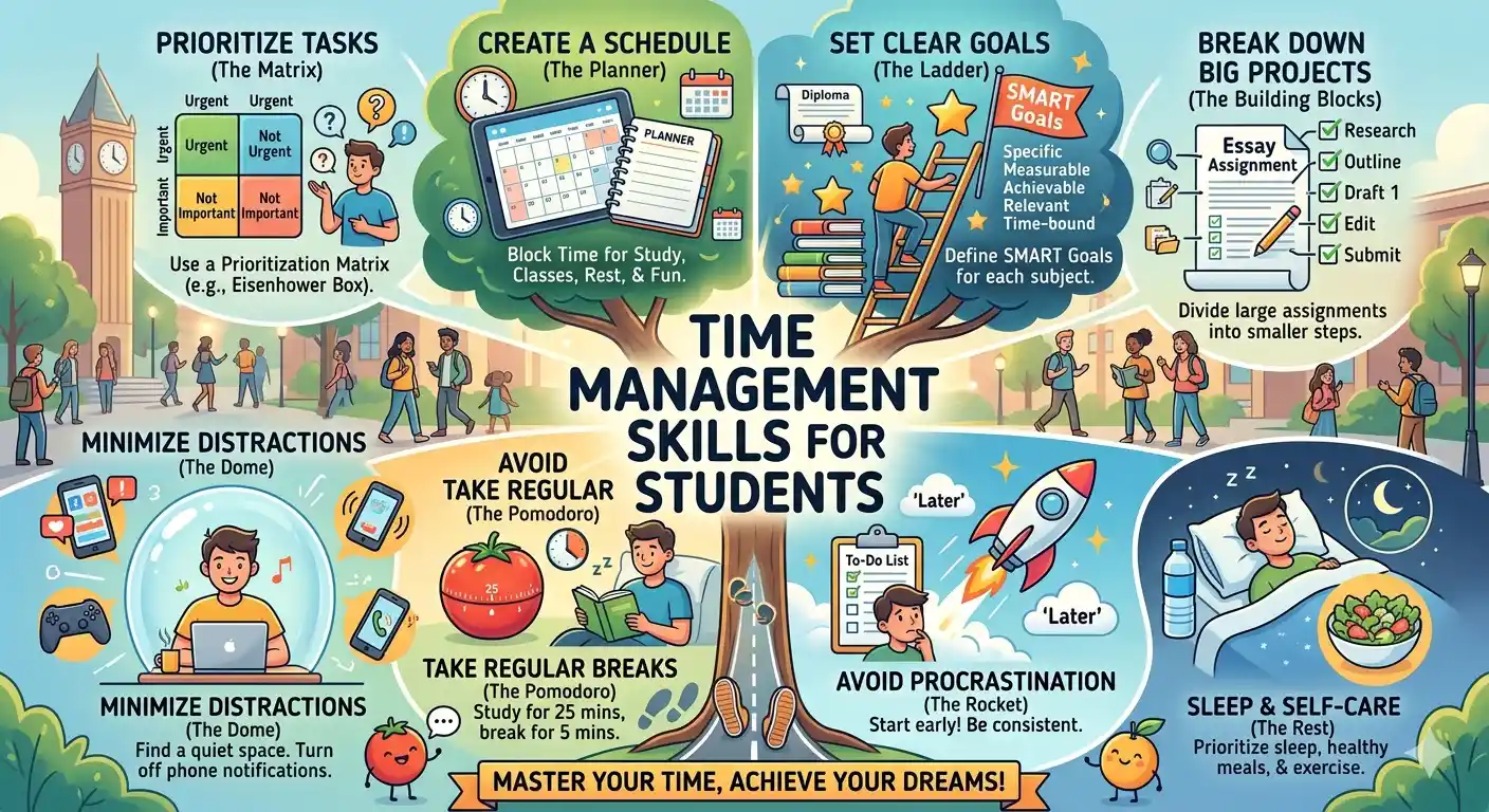 Learn essential time management skills for students to improve focus, boost productivity, reduce stress, and achieve academic success with better planning habits.