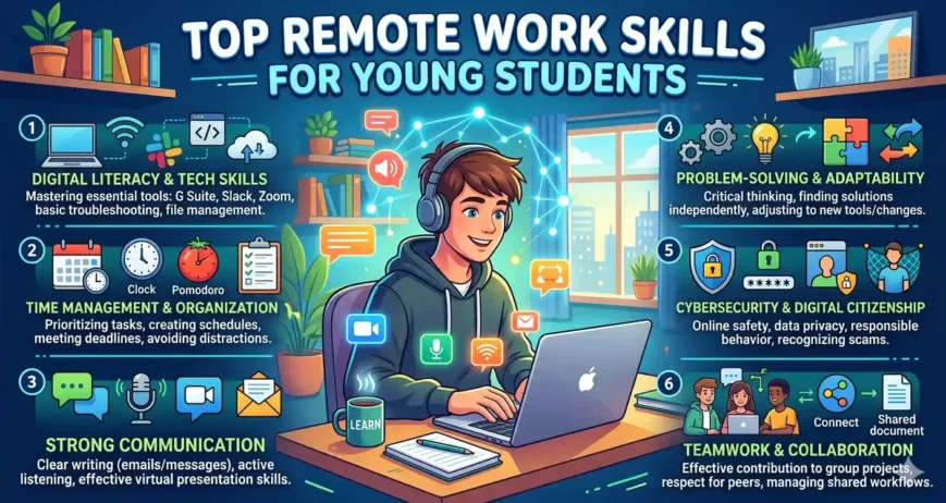Top Remote Work Skills for Young Students Discover the top remote work skills for young students to build freelancing careers, earn online, and become future-ready in the digital world.