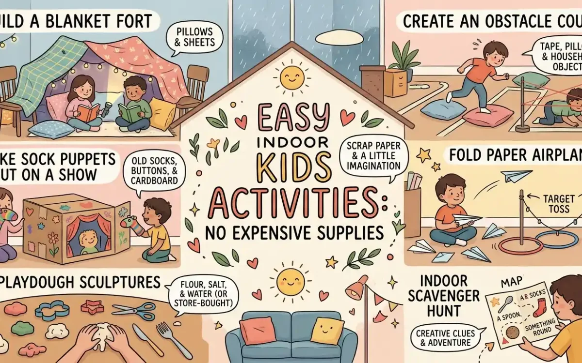 Discover easy indoor kids activities without expensive supplies. Explore 30 fun, educational, and budget-friendly ideas that develop creativity, communication, STEM skills, and confidence using everyday household items.