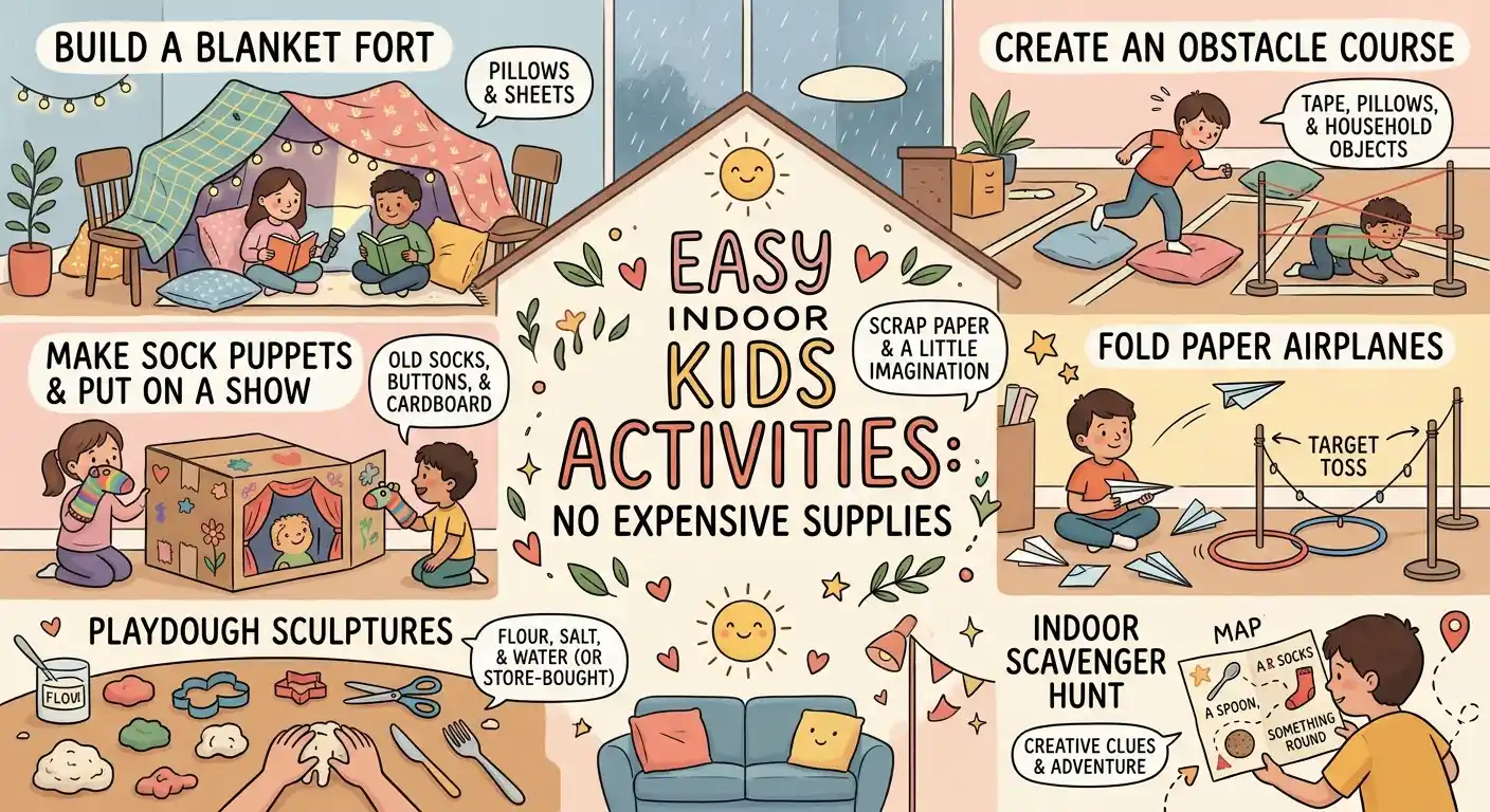 Discover easy indoor kids activities without expensive supplies. Explore 30 fun, educational, and budget-friendly ideas that develop creativity, communication, STEM skills, and confidence using everyday household items.