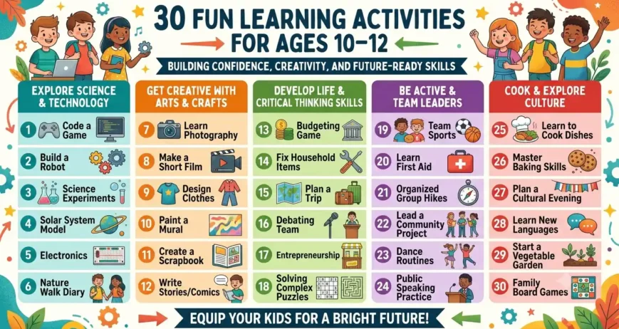 Kids Activities for Ages 10–12 Discover the best kids activities for ages 10–12 that develop creativity, leadership, STEM skills, communication, entrepreneurship, and confidence. Explore 30 engaging activities for home, school, and weekends.