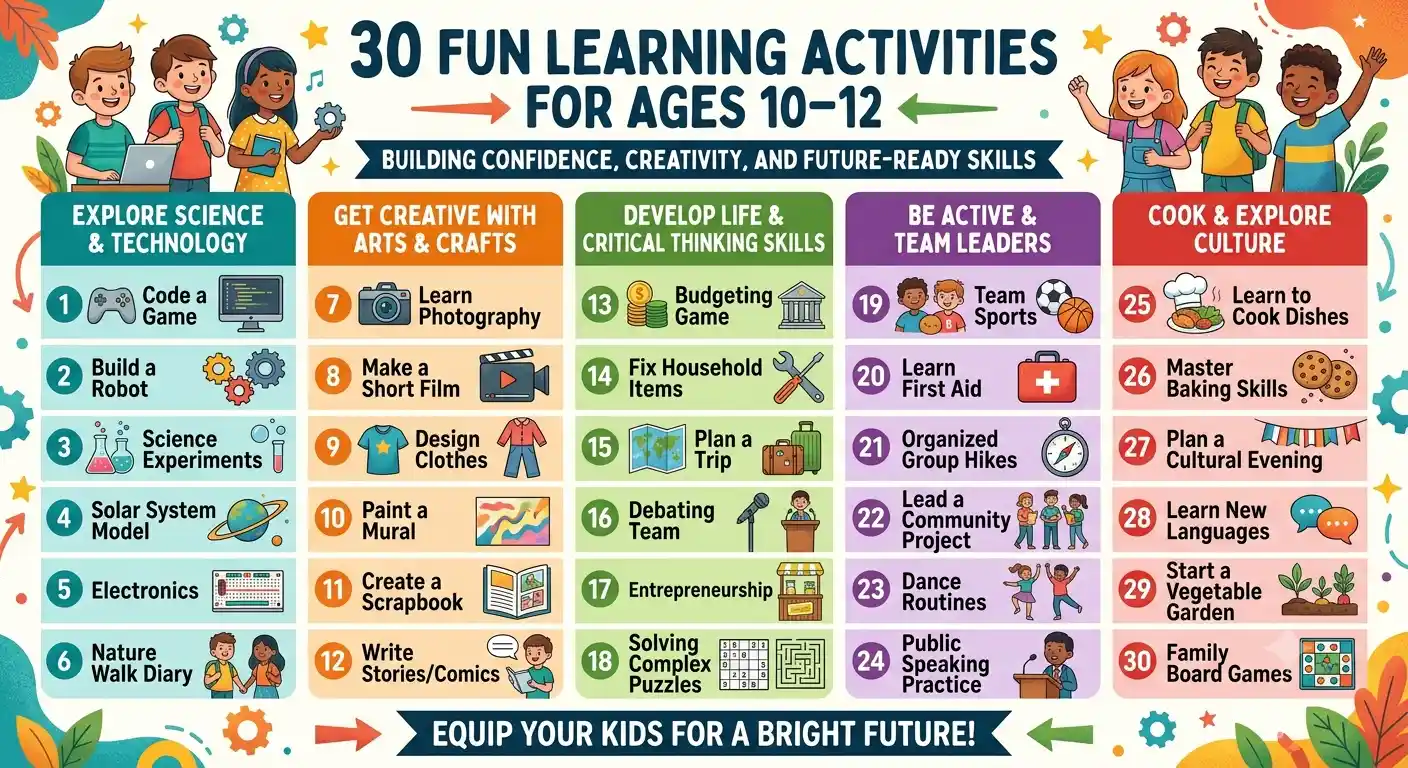 Discover the best kids activities for ages 10–12 that develop creativity, leadership, STEM skills, communication, entrepreneurship, and confidence. Explore 30 engaging activities for home, school, and weekends.