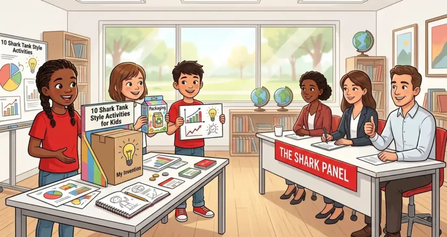 Shark Tank style activities for kids.jfif Try 10 Shark Tank style activities for kids that build entrepreneurship, creativity, confidence, communication, problem-solving, and presentation skills through fun challenges.