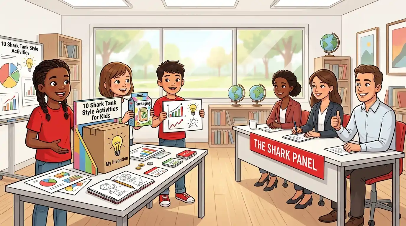 Try 10 Shark Tank style activities for kids that build entrepreneurship, creativity, confidence, communication, problem-solving, and presentation skills through fun challenges.