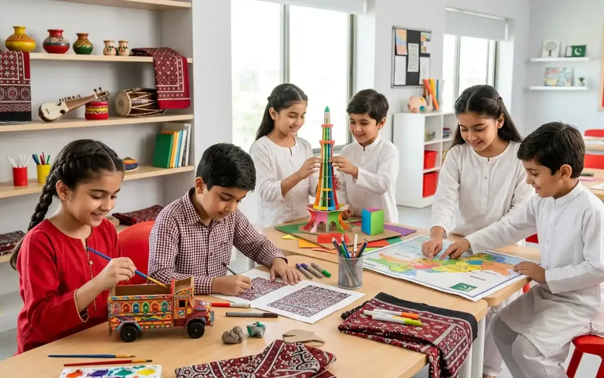 Discover 10 fun Pakistan-inspired cultural activities for kids, from truck art and Ajrak designs to storytelling, crafts, food, music, and landmarks.