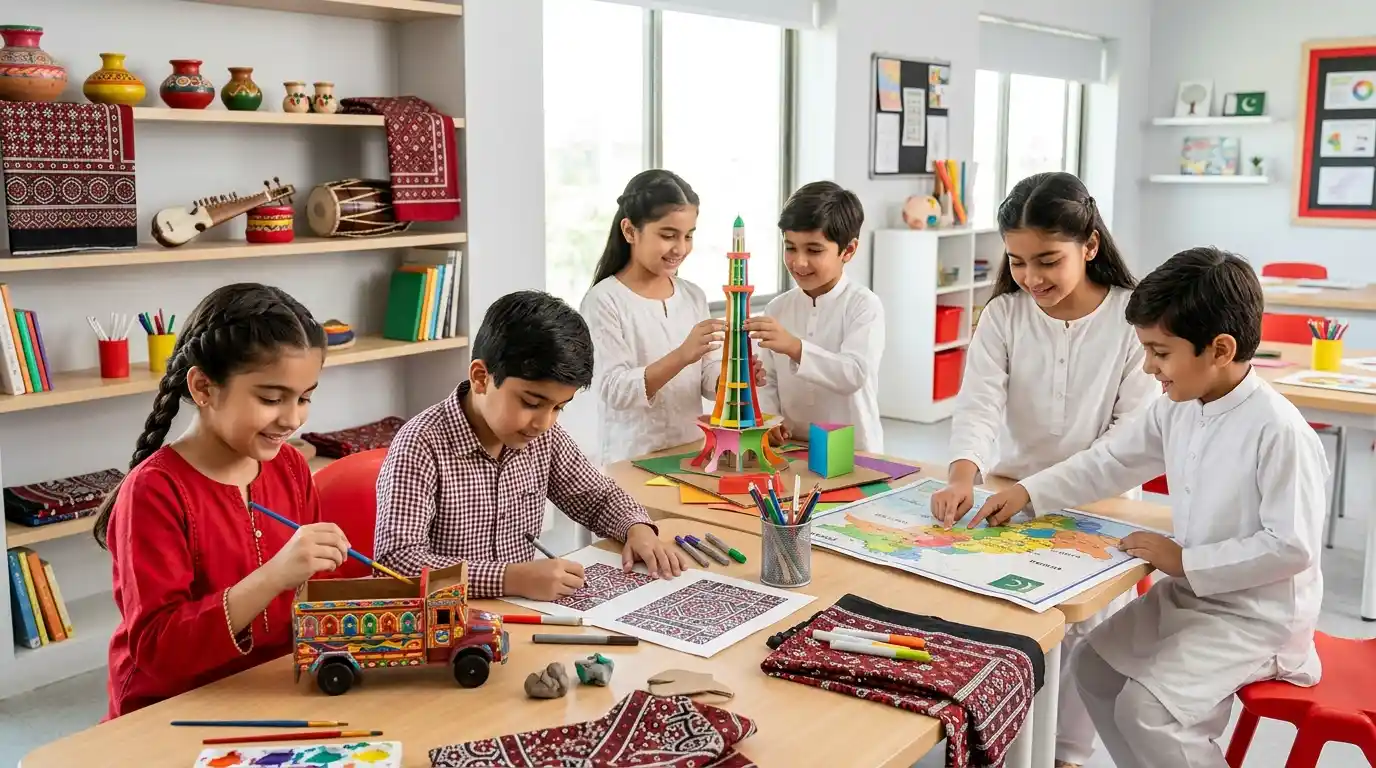 Discover 10 fun Pakistan-inspired cultural activities for kids, from truck art and Ajrak designs to storytelling, crafts, food, music, and landmarks.
