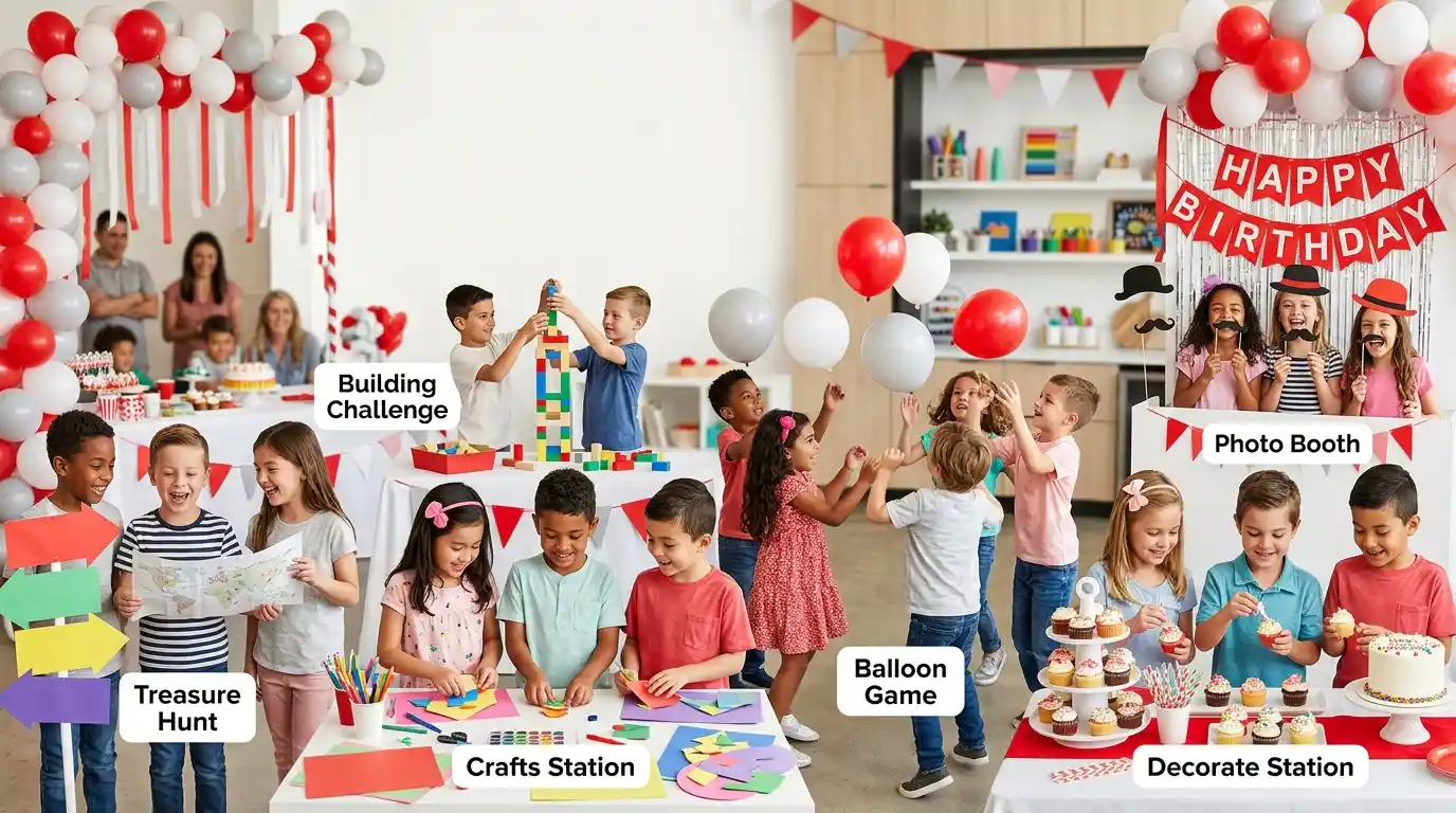 Discover 20 fun birthday party activities for kids, including treasure hunts, crafts, science games, dancing, challenges, and creative activities.
